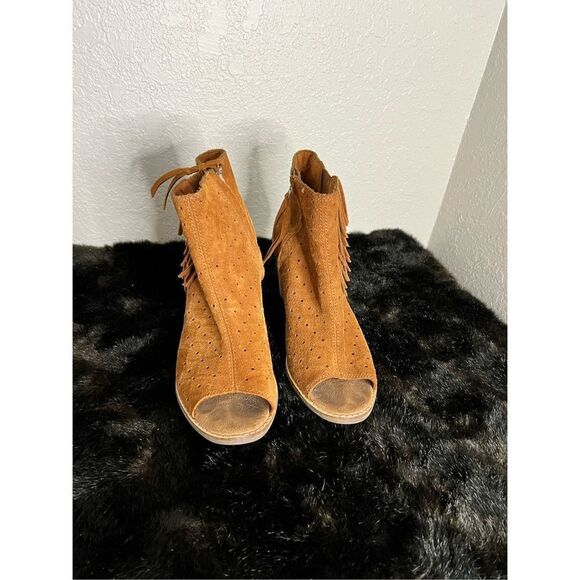 TOMS Majorca Cinnamon Brown Open Peep Toe Fringe Booties 301215 Women's Size 9 - Picture 1 of 4